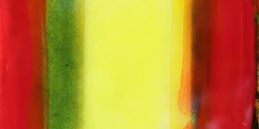Des bandes de couleurs vives en rouge, jaune et vert se chevauchent sur un fond abstrait.