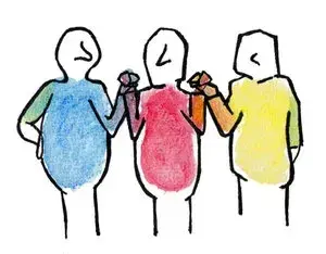 Trois silhouettes stylisées se tenant par les bras, chacune portant un vêtement de couleur différente.