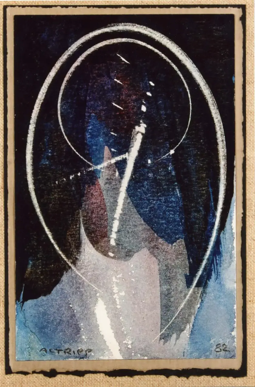 Une œuvre abstraite avec des formes fluides et des couleurs sombres, accentuée par des lignes blanches lumineuses.