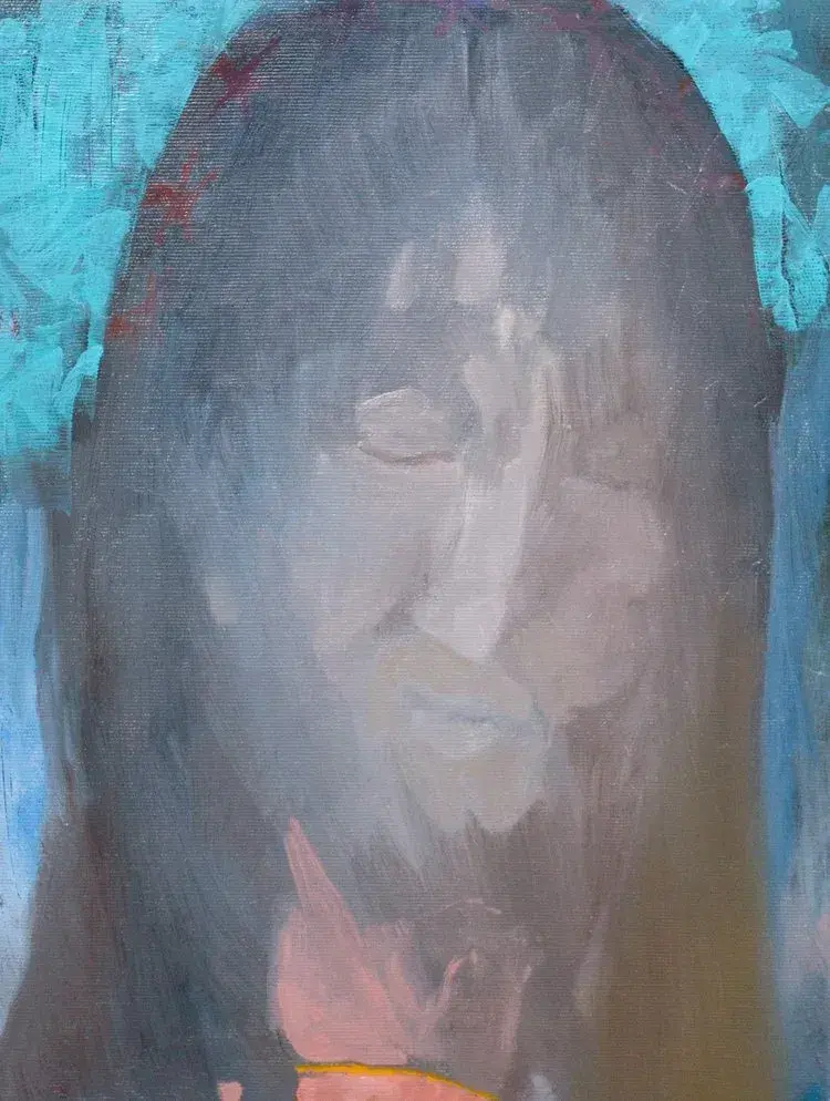 Visage flou et abstrait d'une figure humaine, avec des nuances de bleu et de rose.
