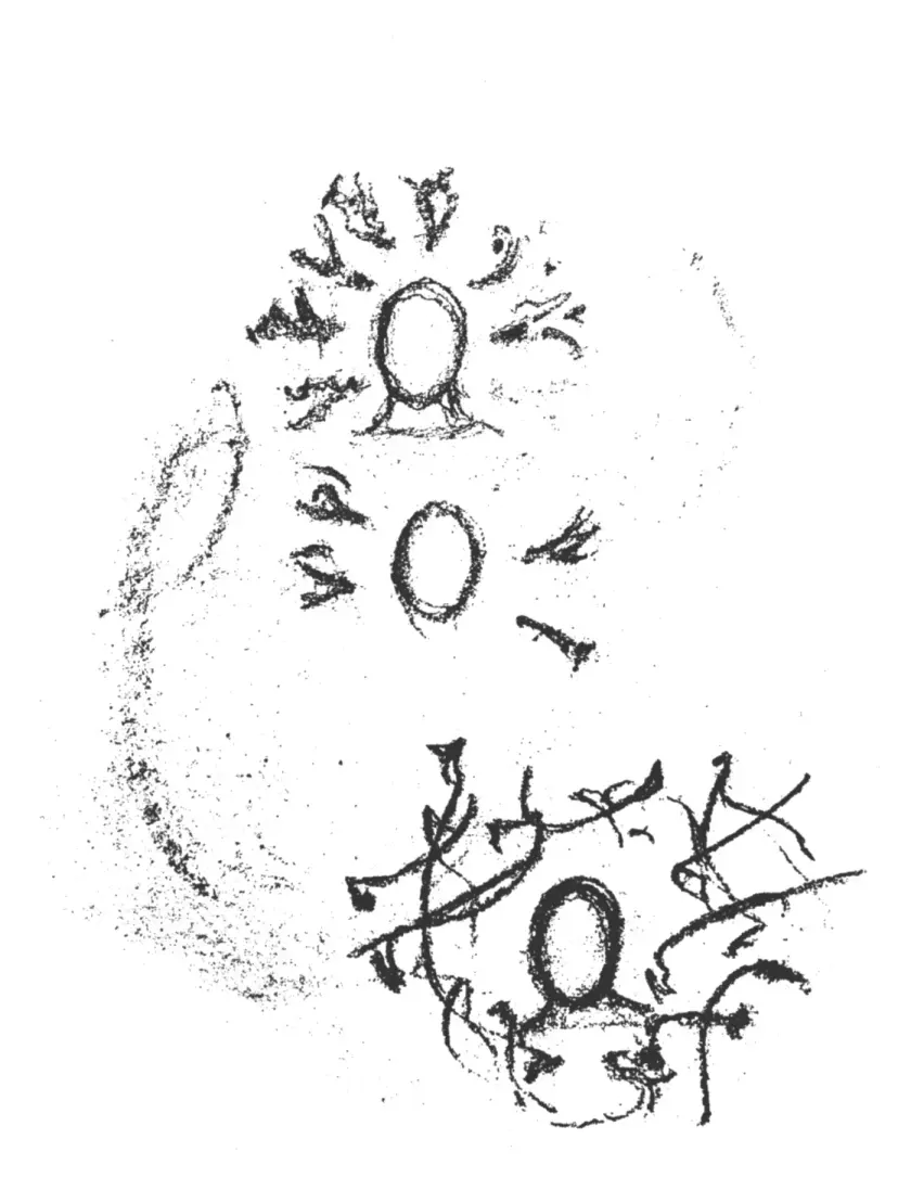 Dessin en noir et blanc représentant des silhouettes humaines entourées de motifs abstraits.