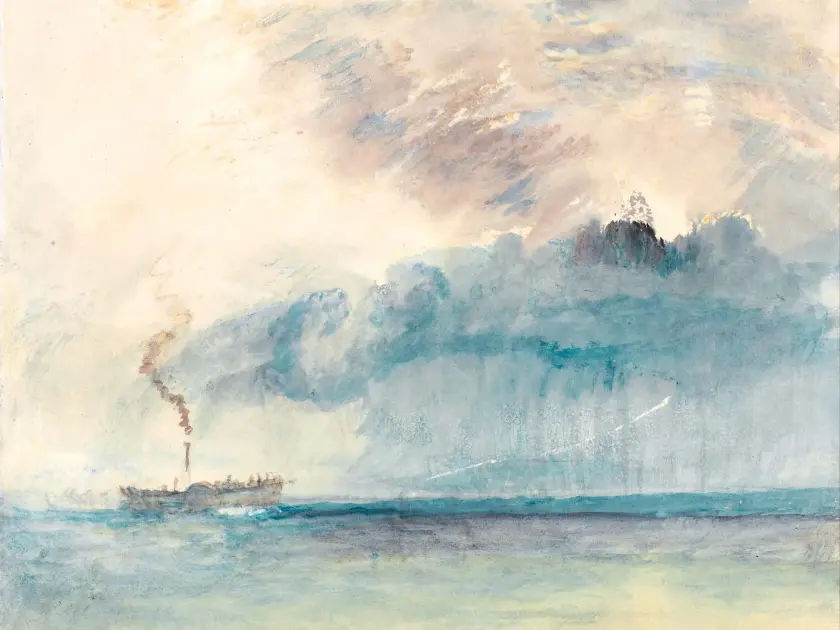 Un bateau à vapeur navigue sur une mer calme sous un ciel nuageux aux teintes douces.