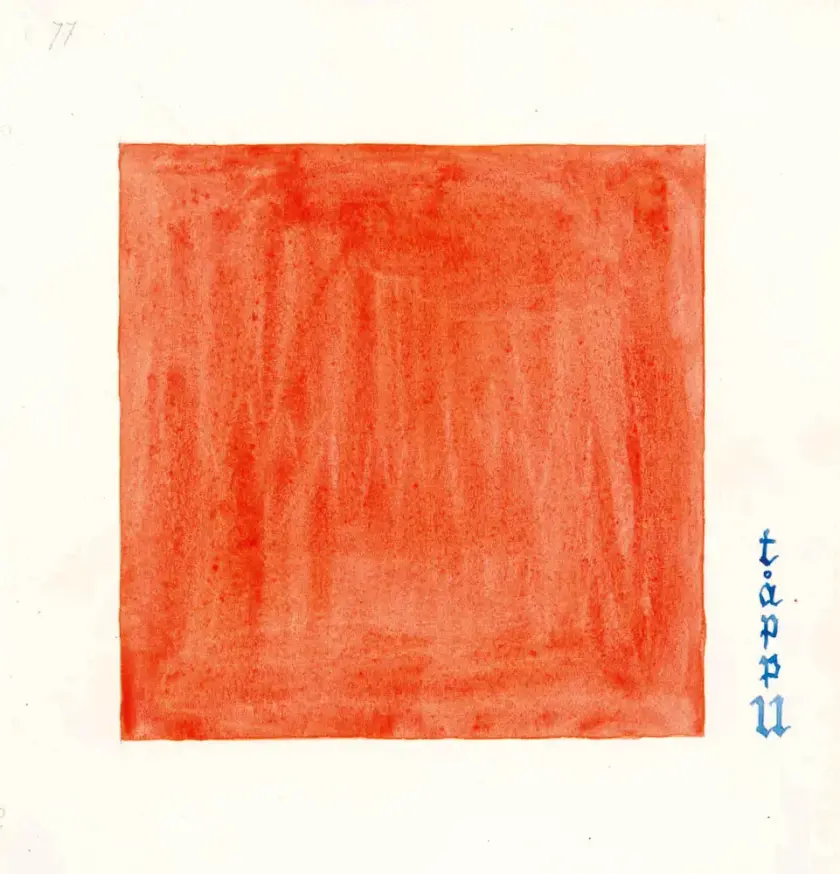 Carré rouge sur fond blanc avec un texte bleu en bas à droite.
