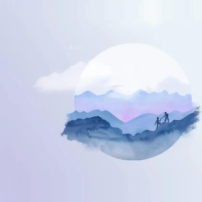 Silhouette de deux personnes marchant sur une colline avec des montagnes en arrière-plan et un grand cercle lumineux.