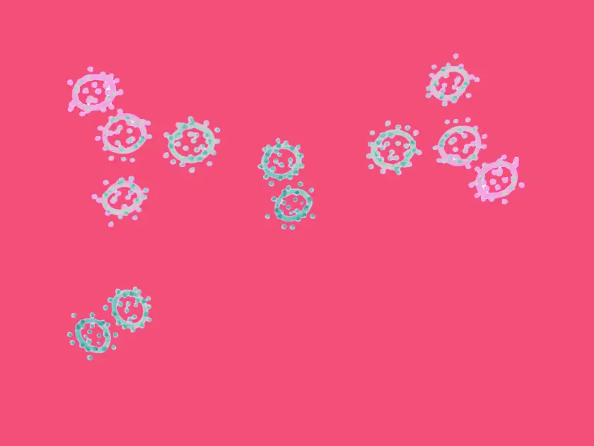 Des illustrations de virus stylisés sur un fond rose.