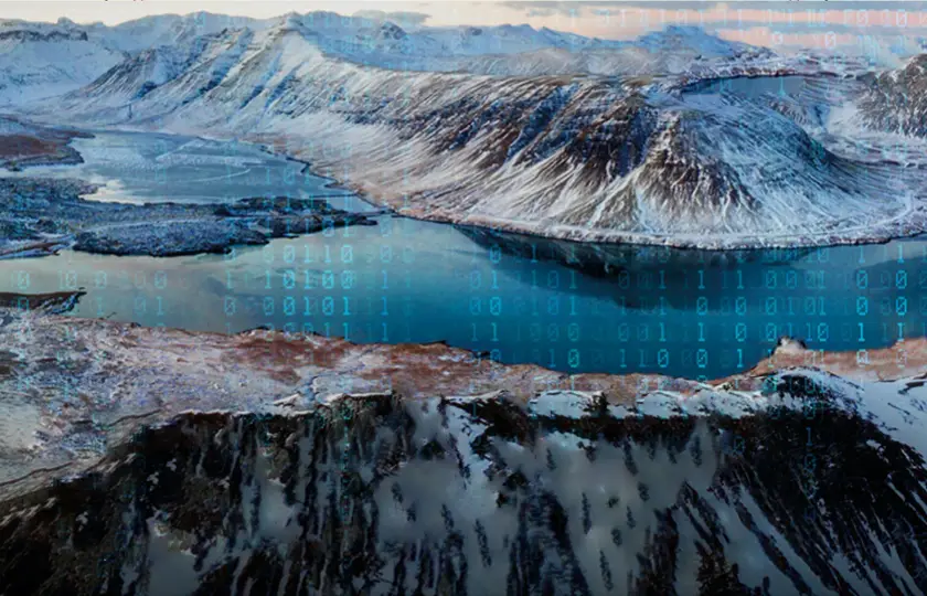 Vue panoramique d'un paysage montagneux enneigé avec un lac, superposé de motifs numériques.