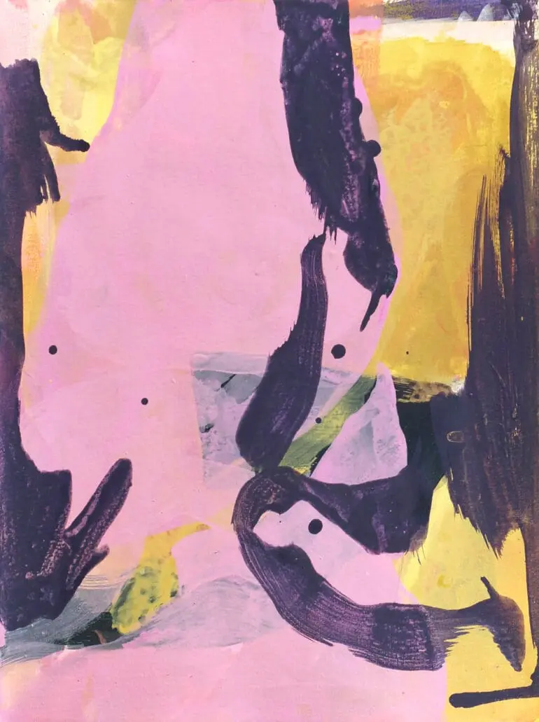 Composition abstraite avec des formes organiques en rose, jaune et noir.