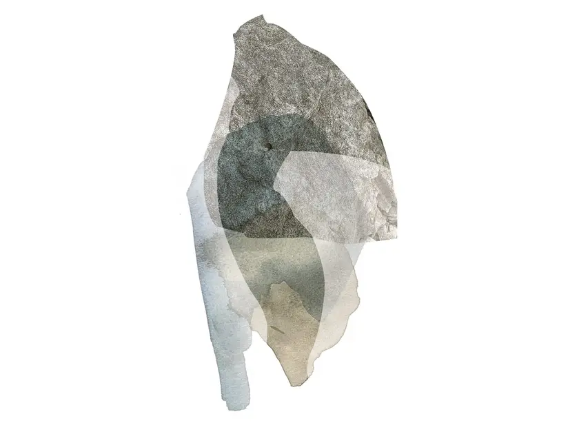 Composition abstraite en superposition de formes organiques et de textures variées.