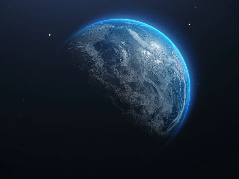 Vue de la Terre depuis l'espace, avec des nuances de bleu et des détails de la surface.