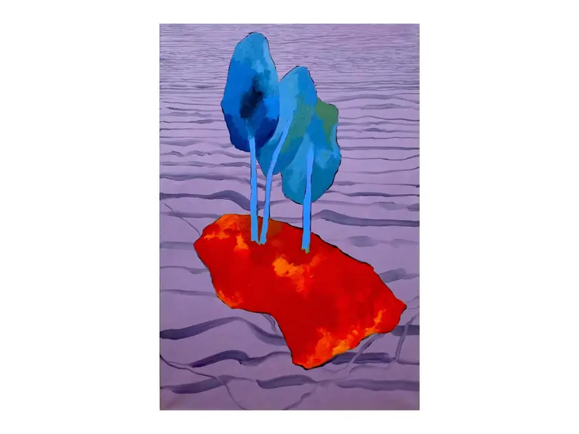 Deux arbres stylisés bleus se dressent sur une île rouge, entourés d'un fond violet ondulé.