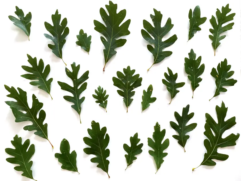 Feuilles de chêne disposées sur un fond blanc, variées en taille et en forme.