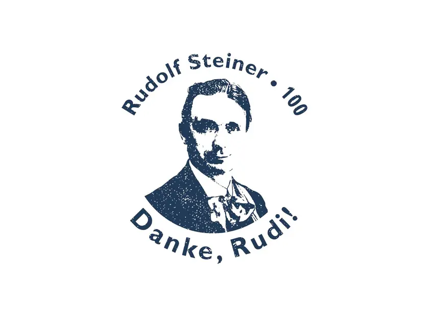 Portrait de Rudolf Steiner avec le texte 'Danke, Rudi!' et la mention '100'.