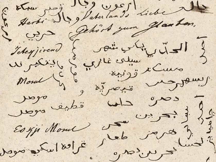 Texte manuscrit en arabe sur un fond beige, avec des caractères variés et des annotations.
