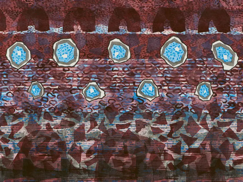 Composition abstraite avec des formes géométriques et des couleurs variées, principalement des tons de rouge et bleu.