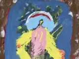 Une figure stylisée au centre, entourée de couleurs vives et abstraites, évoquant une ambiance spirituelle.