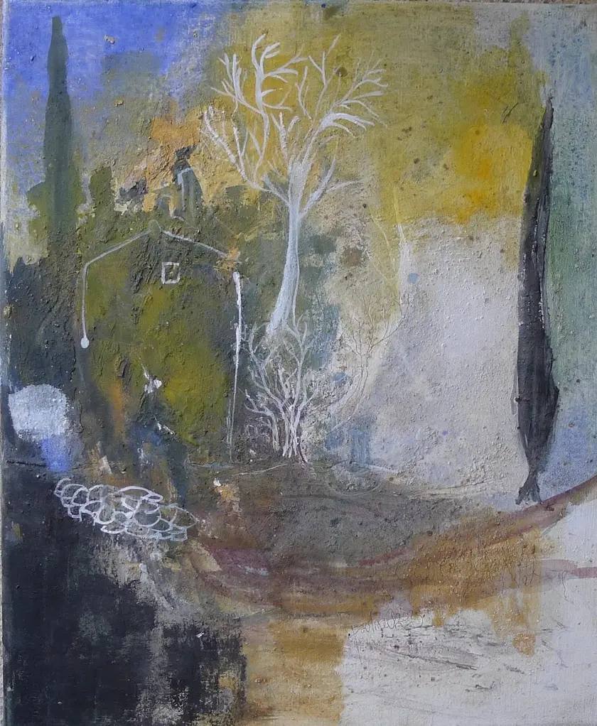 Paysage abstrait avec des arbres, une maison et des couleurs terreuses.