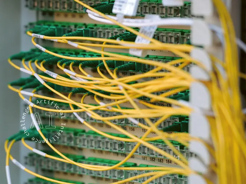 Câblage complexe de fibres optiques avec des connecteurs verts et des fils jaunes dans un panneau de distribution.