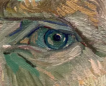 Gros plan sur un œil peint avec des coups de pinceau visibles, dans des tons de bleu et de vert.