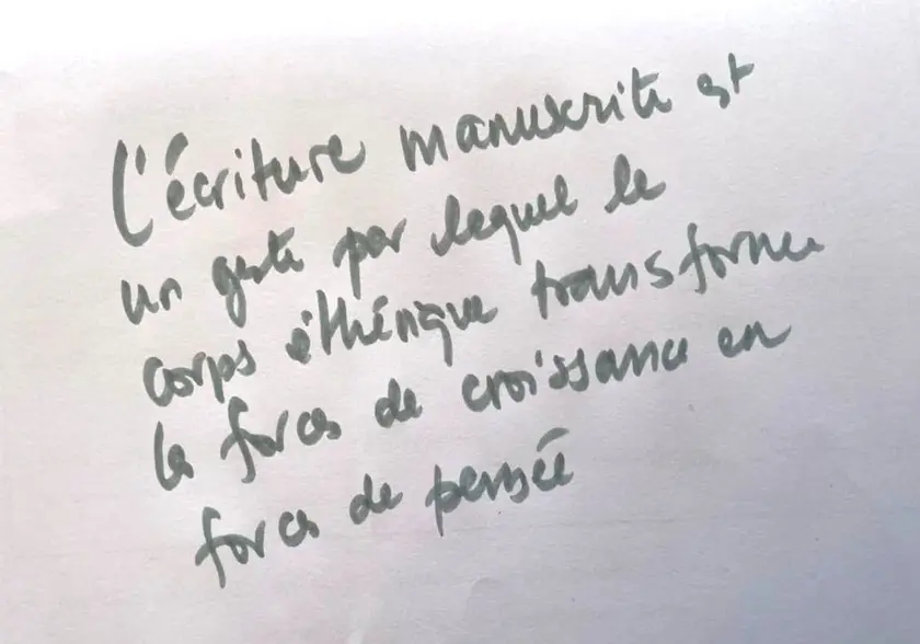 Texte manuscrit sur un fond clair, exprimant une réflexion sur l'écriture et la pensée.
