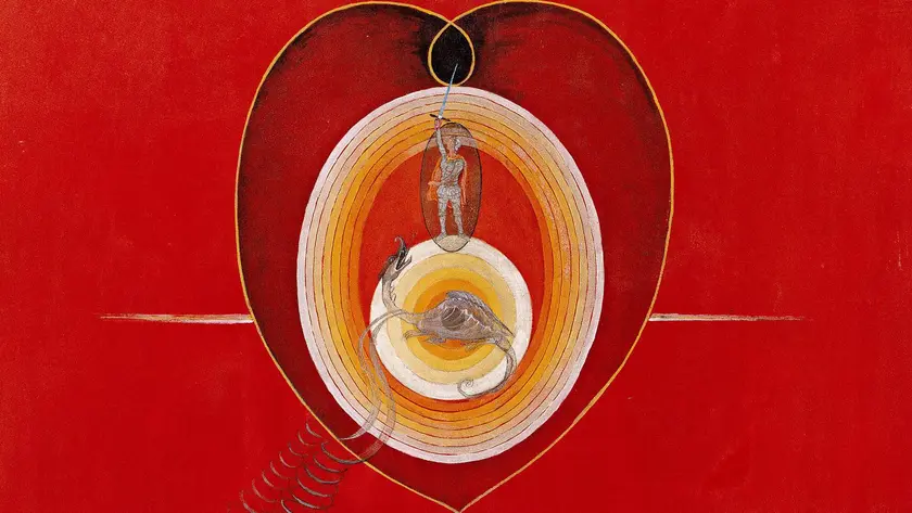 Cœur rouge contenant des cercles concentriques orange et blancs, avec une silhouette humaine suspendue en haut et un serpent enroulé autour d’un œil central.